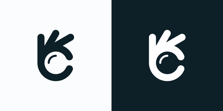 Vector logo design illustration of OK hand gesture with hidden magnifying glass shape