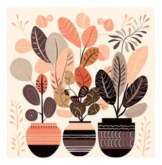Hand drawn soft earth tones illustration.  plant with leaves isolated on beige background. a pot of leaves in a basket in front