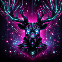Neon deer head, abstract futuristic strip, stylish illustration.