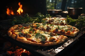 Foto op Plexiglas Indulge in the mouthwatering fusion of california-style pizza on a grill, topped with gooey pizza cheese and a variety of savory toppings, creating a delectable dish that brings the taste of italy to © familymedia