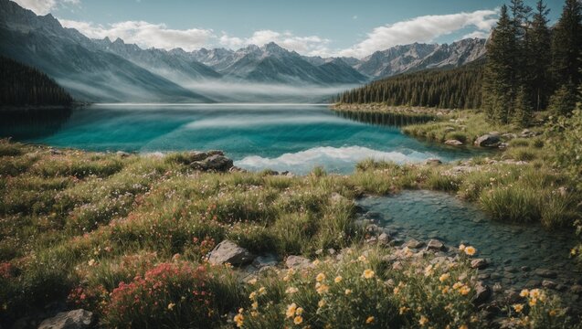 photo of lake view with clear water with many flowers in the middle of the forest against the background of mountains made by AI generative