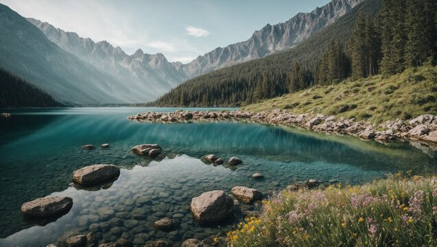 
photo of lake view with clear water with many flowers in the middle of the forest against the background of mountains made by AI generative