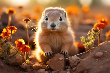 A curious brown mammal peers out from between the rocks, surrounded by vibrant flowers and the vast outdoor landscape