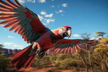 Graceful and vibrant, a majestic macaw soars through the endless blue sky, its fiery red feathers glinting in the warm sunlight