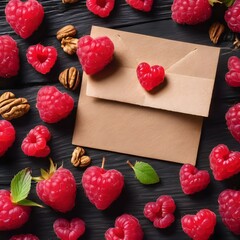 A top view of a romantic postcard. A cute card, ice hearts, pink berries and walnuts on a dark background. Valentine s day cards.