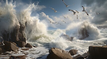 An ultra-detailed seaside landscape, foamy waves crashing onto rugged rocks, seagulls soaring against a cloud-filled sky - Generative AI - obrazy, fototapety, plakaty