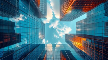 Looking up at business buildings in downtown - obrazy, fototapety, plakaty