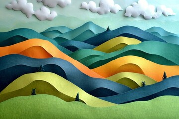 Green nature mountains landscape. 3d Paper cut abstract minimal geometric shape template background.