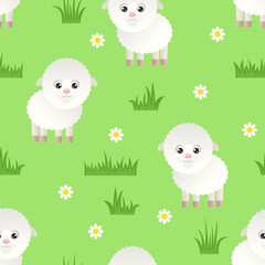Funny cute sheep on green meadow seamless pattern. Cartoon white lamb, grass and flowers. Vector simple children's illustration.