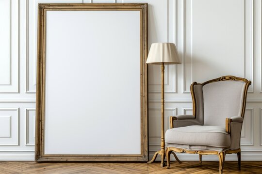 Black frame mockup in classic white interior with modern furniture,