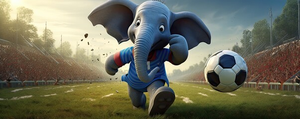 Animated elephant playing soccer on a field with excited fans.