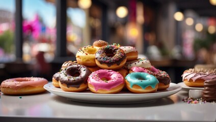 photo of a plate of delicious multicolored donuts made by AI generative