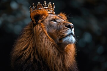 Lion king enthroned on throne with crown and rod of power, majestic powerful wild predator