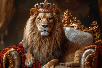 Lion king enthroned on throne with crown and rod of power, majestic powerful wild predator