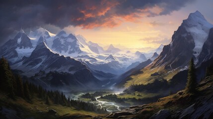 An ultra-realistic alpine landscape at twilight, capturing the ethereal beauty of a mountain valley, softly illuminated by a setting sun - Generative AI - obrazy, fototapety, plakaty