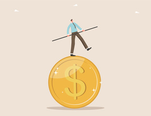 Stabilizing the economy during a stock market downturn, financial improvement, finding a survival strategy during a crisis, solving problems of declining business value, man balancing on dollar coin.