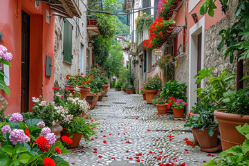 “Charming Mediterranean Street with Picturesque Traditional Houses, Ancient Walls, and Beautiful Flowers: A Captivating Summer View in Old Town Europe.”