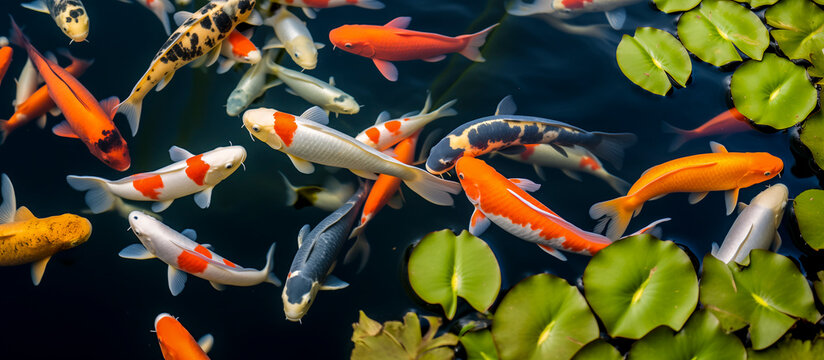 ornamental karpa koi fishes (Cyprinus carpio) swimming in a pond with water lilies