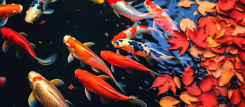 ornamental karpa koi fishes (Cyprinus carpio) swimming in a pond