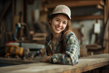 Young beautiful woman doing work in the carpenter DIY workshop room. Small Business owner, young woman who working at furniture factory. - obrazy, fototapety, plakaty