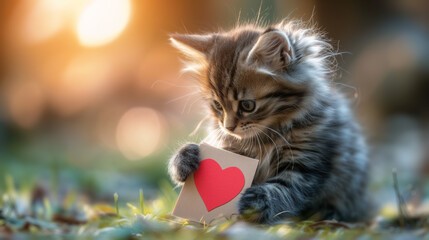 Cute fluffy kitten playing with a Valentine's card on a green lawn. Valentine's card in the paws of a kitten. Valentines Day background. Generative Ai