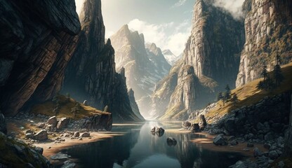 An ultra-realistic alpine scene showcasing towering cliffs and deep valleys, a glacial river carving through rocky terrain - Generative AI - obrazy, fototapety, plakaty