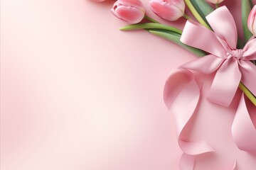 Spring tulip flowers on pink background. Greeting card for womens day and mothers day.