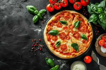 Composition with tasty pizza, tomatoes and basil leaves on black background. Quattro Formaggi Pizza. Four cheese Pizza. Cheese Pull. Pizza on a Background with copyspace.