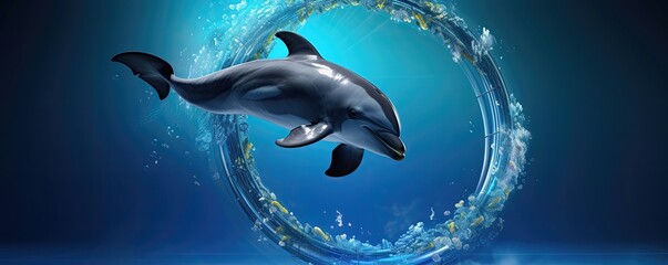 Dolphin leaping through a water hoop in the ocean.