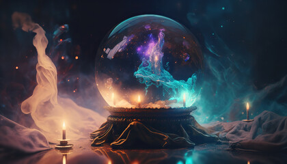 Magic fortune telling crystal ball. Mystic magical background with copy space. Fantasy illustration.