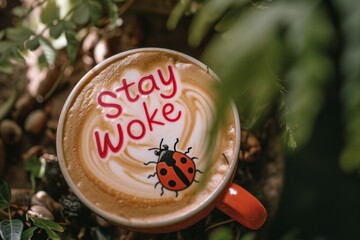 cup of coffee overhead shot text 'stay woke' with ladybird
