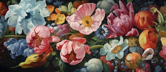 Classic floral oil painting with lush, vibrant blossoms and rich textures.
