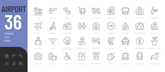 Airport Line Editable Icons set Vector illustration in modern thin line style of air station related icons: departure and arrival areas, passport control, luggage, and more. Isolated on white.
