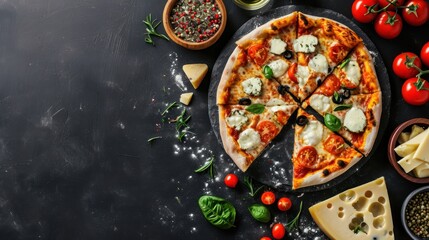Pizza with mozzarella cheese, tomatoes, olives and basil on a black background. Quattro Formaggi...