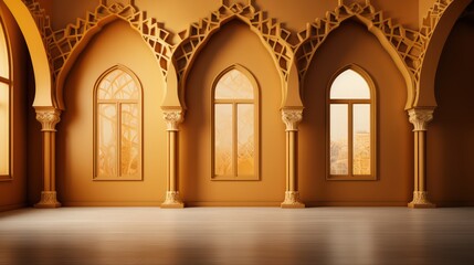 Fototapeta premium Ramadan kareem islamic greeting background with golden lantern on elegant podium