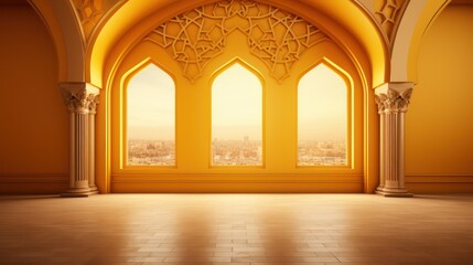 Ramadan kareem islamic greeting background with golden lantern on elegant podium