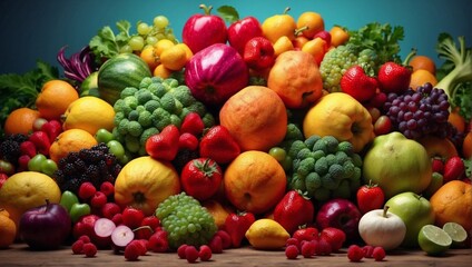 fresh and beautiful colorful fruits and vegetables made by AI generative
