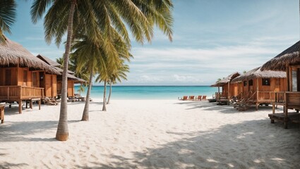 Obraz premium photo of rented cottage house on the beach with white sand and clear blue sea made by AI generative