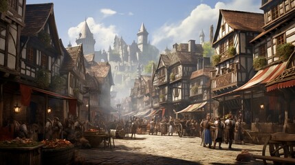 An ultra-realistic depiction of a bustling marketplace in a medieval town, capturing intricate architecture and detailed market stalls. - Generative AI - obrazy, fototapety, plakaty