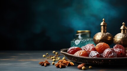 Fototapeta premium lantern placed on a wooden table with dried date and beautiful background for the Muslim feast of the holy month of Ramadan Kareem.