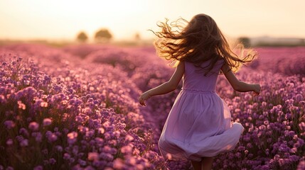 A girl in a pink dress joyfully running through a purple flower field at sunset.