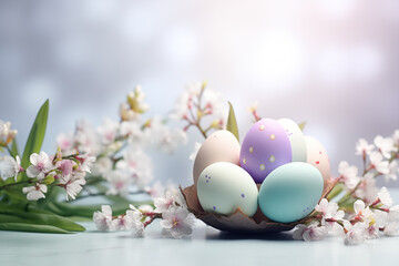 Obraz na płótnie Canvas Pastel colored Easter eggs and flowers on sunny light background. Moody atmospheric image. Generative AI
