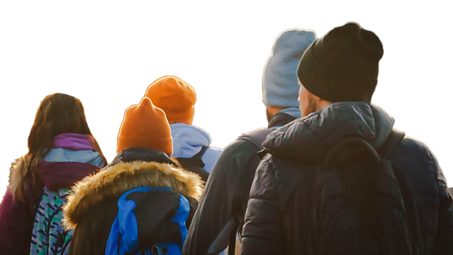 Backpackers group walking isolated photo