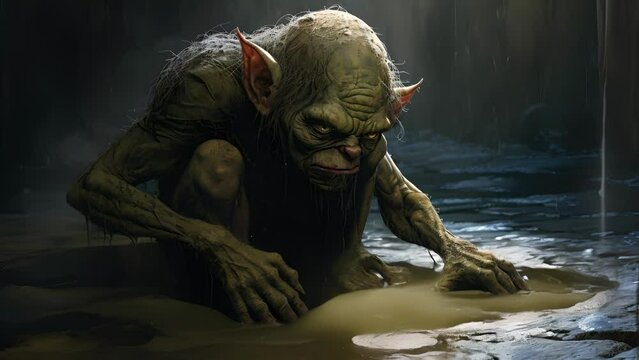 A goblin bathed in shadows its hunched form appearing resigned and exhausted.