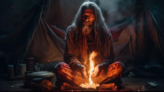 Mystical shaman performs a ritual with fire in a tent. Wise old druid. Ceremony of soul healing and enlightenment. Shamanism tradition. Liberation therapy. Opening a new mind and subconscious.