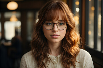  Lovely Young Brown Haired Woman with Glasses in a White Sweater at a Busy Cafe Generative AI