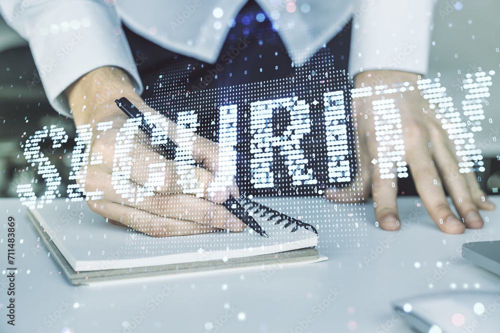 Aufkleber Cyber security creative concept with hand writing in notepad on background with laptop. Double exposure