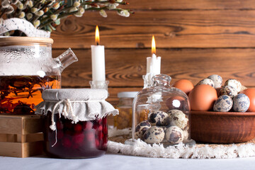 Rustic Easter, quail eggs in a ceramic bowl on the table. The Bright Easter Holiday