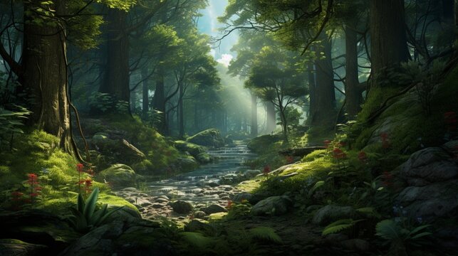 An ultra-realistic depiction of a lush forest, rich with detailed flora and fauna, highlighting intricate textures and natural lighting - Generative AI
