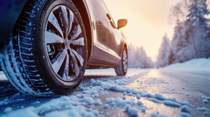 Aluminium alloy or steel auto wheel on the road with a winter landscape. Close-up of a car wheel with a rubber tire for winter weather.     - obrazy, fototapety, plakaty